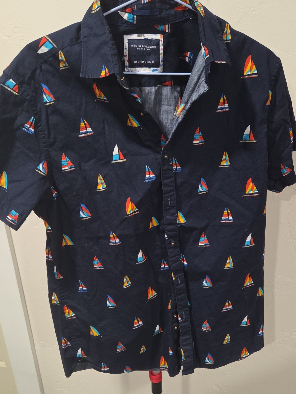 Denim & Flower Navy Short-Sleeve Shirt with Colorful Sailboat Print
